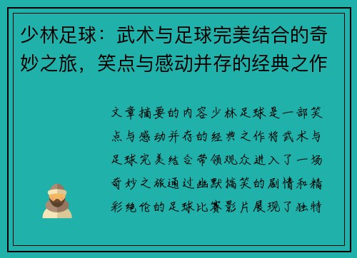 少林足球：武术与足球完美结合的奇妙之旅，笑点与感动并存的经典之作