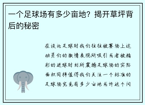 一个足球场有多少亩地？揭开草坪背后的秘密